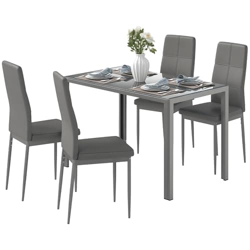 Image of HOMCOM 5-Piece Kitchen Dining Table Set with 4 Faux Leather Metal Frame Chairs Glass Tabletop Desk for Dining Room, Kitchen, Dinette, Grey