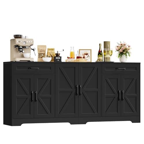 Image of HOCSOK Sideboard, 180cm Large Kitchen Sideboard with 6 Barn Doors & 2 Drawers, Farmhouse Kitchen Cabinet with Adjustable Shelves, Buffet Cabinet for Living Room, Dining Room, Black, 180x87x34 cm