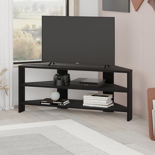 Image of HOCUS PICUS Corner TV Unit with 2 Shelf for Living Room, Office ext. Modern Design, TV Stand 32-Inch TVs, Multi Colour Options for Decorations (Black Wood)
