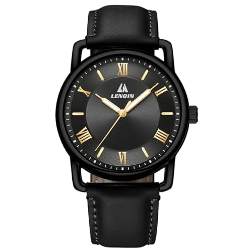 Image of LN LENQIN Mens Watches Leather Watch Analog Quartz Watches Men 30M Waterproof Men's Wrist Watches Fashion Business Watch for Man (Black Gold)