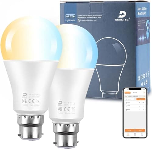 Image of DUSKTEC Alexa Light Bulbs 2 Pack, 12W (120W Equivalent) Bayonet Light Bulbs Warm to Daylight White Dimmable, Bluetooth App Control B22 Base LED Bulb Timer, A60 Smart Light Bulb for Bedroom Living Room