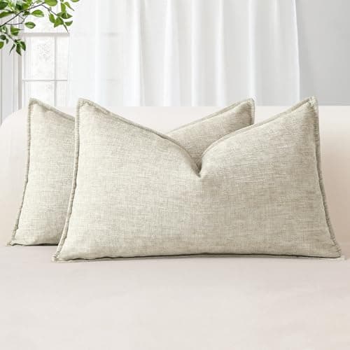 Image of Sungeek Set of 2 Soft Chenille Cushion Covers 30x50cm Lumbar Decorative Throw Pillow Covers with Stitched Edge Solid Dyed Pillow Cases Covers for Home Decor Couch Sofa Bed Living Room, Beige