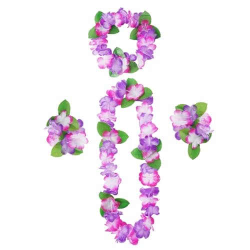 Image of Aomig Hawaiian Garlands Hawaiian Leis Set, Hawaiian Tropical Beach Fancy Dress Party Decorations Flower Necklace Hawaii Headbands and Bracelets for Adults Kids for Party Summer Beach Vacation(Purple)