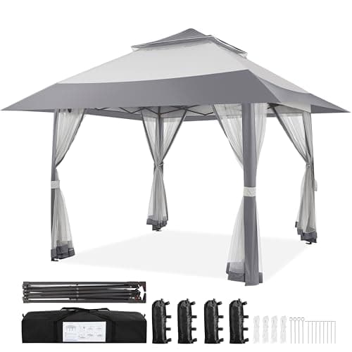 Image of Yaheetech Pop Up Gazebo w/Sides, 4x4m Outdoor Instant Patio Canopy Shelter w/Mesh Netting, Waterproof Garden Gazebo w/Sandbags for Patio, Backyard, Wedding, Party, Double Top, Light Grey & Dark Grey