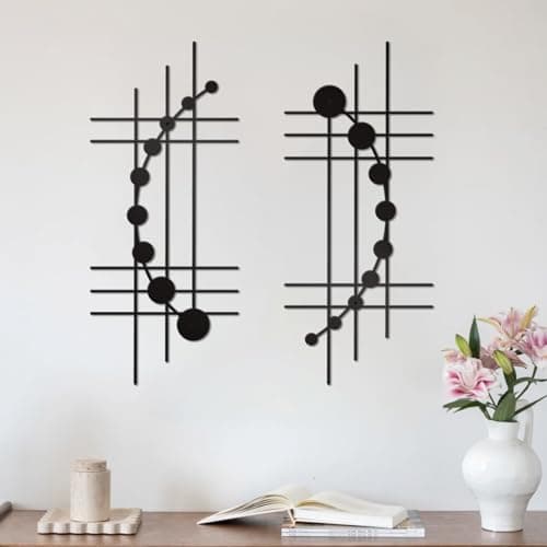 Image of DUOOLN 2 Pcs Black Abstract Metal Wall Decor, Minimalist Hanging Wall Single Line Art, Modern Geometrical Metal Wall Sculptures Painting for Living Room Bedroom Bathroom Study Room Home Decor