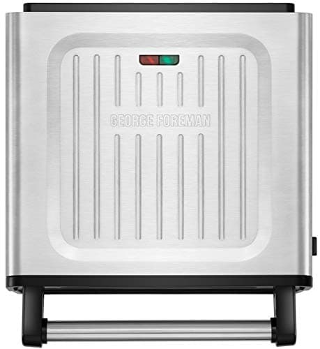 Image of George Foreman Medium Smokeless Electric Steel Grill [Non stick, Healthy, Griddle, Toastie, Hot plate, Panini, BBQ, Energy saving, Dishwasher Safe Plates & Drip tray, Ready to cook light] 1500W 28000