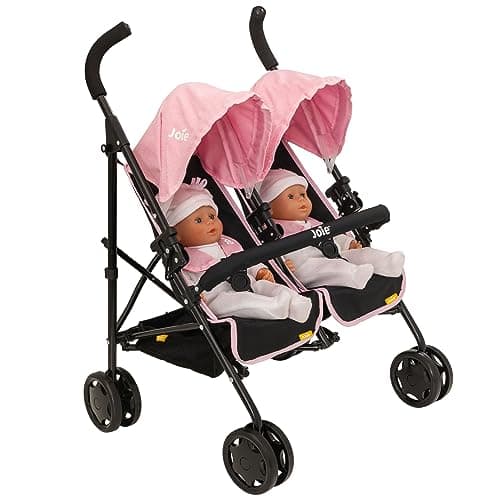 Image of Joie Aire Twin Pushchair | Childrens Double Stroller Pram In Black & Pink | Childrens Baby Doll Stroller Toy Umbrella Fold Stroller | Role Play Toy Dolls Buggy Pushchair | Ages 3+