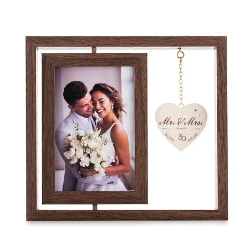 Image of NUPTIO Wedding Gifts Photo Frame: 4x6 Picture Presents Wall Couples Mrs Mr Anniversary Valentines Christmas Wooden Wife Hanging Mount Engagement Married Rustic Standing Brown Heart