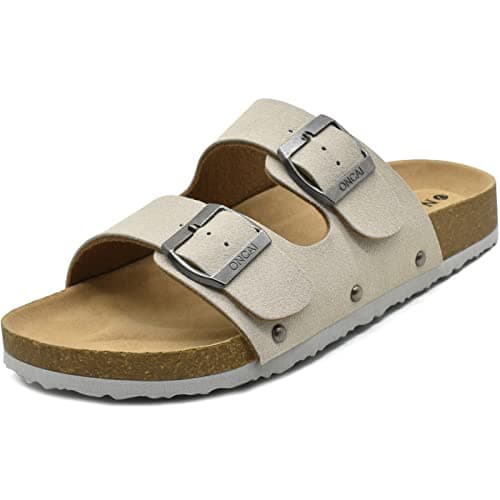 Image of ONCAI Women’s Flat Slide Sandals Vegan Leather Adjustable Double Buckle Strap Cushion Cork Footbed Open Toe Mules with Non-slip Rubber Sole White 6.5 UK