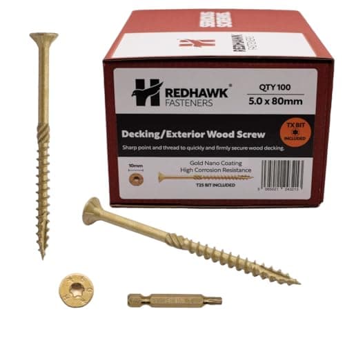 Image of Box of 100 Redhawk Fasteners® Decking/Exterior Wood Screw | 5.0 x 80mm | Corrosion Resistant Gold Nano Coating | T-25 Torx Drive | Driver Bit Included