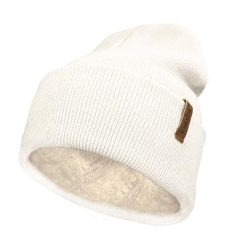 Image of TOSKATOK Ladies Men's Unisex Classic Cuffed Soft Warm Winter Knitted Beanie Hat with Soft Thermal Teddy Fleece Liner-Cream