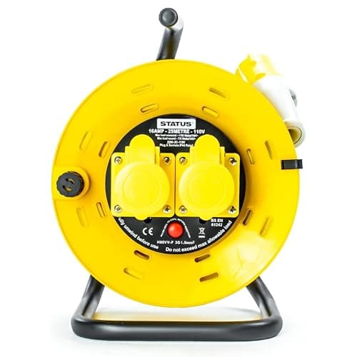 Image of STATUS 2 Socket Cable Reel, 25m, Yellow, 16 Amp, 110 Volt, Heavy Duty Extension Lead, Thermal Cut Out, Outdoor Safe, Ideal for Site Work, Power Tools, DIY, Trade Use (S25M-110VOLT-CR1)
