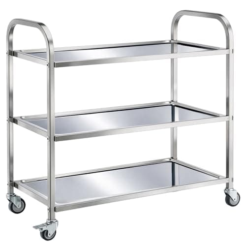 Image of CROWNSHOP 3 Tier Stainless Steel Kitchen Utility Cart 62.5cm x 31.5cm x 80cm,Large Rolling Catering Storage Cart Trolley Storage Cart with Wheels for Home Kitchen or Dining Room