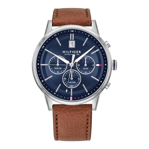 Image of Tommy Hilfiger Men's 44mm Multifunction Quartz Watch - Navy Blue Dial, Light Brown Leather Strap, 3 Sub-Dials, 5ATM Water Resistant - 1791629