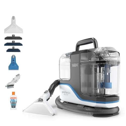 Image of Vax SpotWash Max Duo Spot Cleaner, Upholstery, Sofa, Stairs, Rug, Stain Cleaning Small Handheld Shampooer Machine, Solution and Tools for Home, Car, Pets with Self-Clean, 500W, White / Blue, CDSW-MSXD