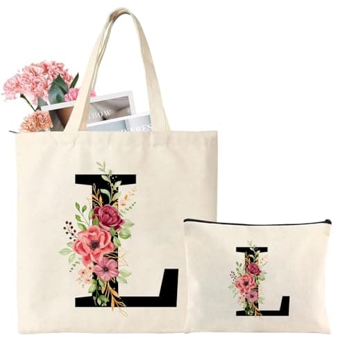 Image of Personalized Initial Cotton Tote Bag, Canvas Reusable Shopping Bags with Makeup Bags, Gifts for Women, Mom, Teachers, Nurses, Best Friends, Bridesmaids, Monogrammed Gifts for Wedding, Birthday(L)
