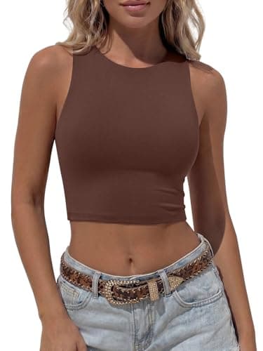 Image of REORIA Women Sexy Sleeveless Racer Back Tank Tops Halter Neck Crop Tops Coffee Medium