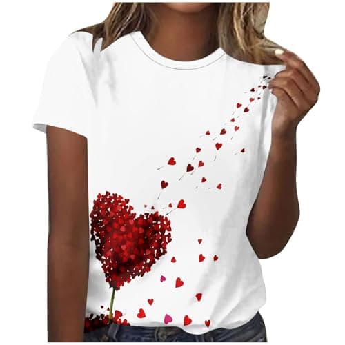 Image of Valentine Shirts for Women Love Heart Print Short Sleeve T Shirt Lightweight Casual Outdoor Holiday Fashion Ladies Tops girlfriend tshirt White S