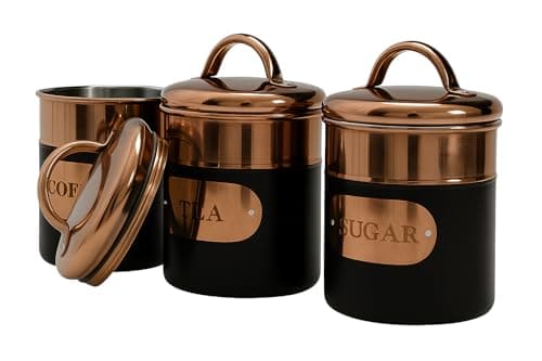 Image of Maria`s Selection Black & Copper Metal Tea Coffee Sugar Storage Canister Set Jar Pots Tins
