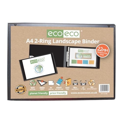 Image of eco-eco A4 95% Recycled Presentation 22mm Spine 2 Ring Landscape Binder Black, ec0146