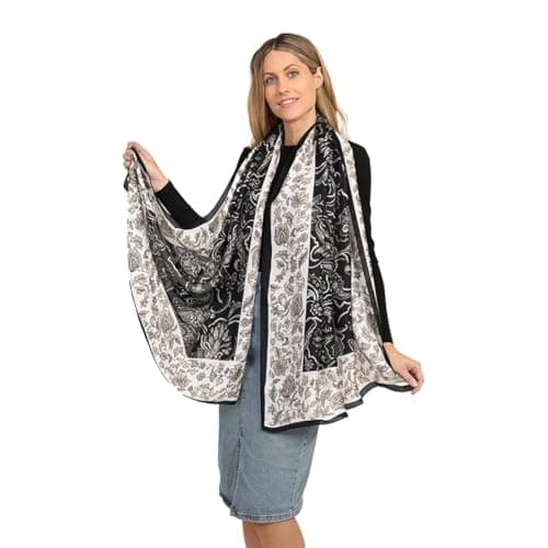 Image of Trillion London® Silk Scarf For Women | Lightweight Ladies Scarves | Shawl Wraps | Head Scarf | Gifts for Women | Designer Prints | Daily Wear | Smooth and Soft | Black and White