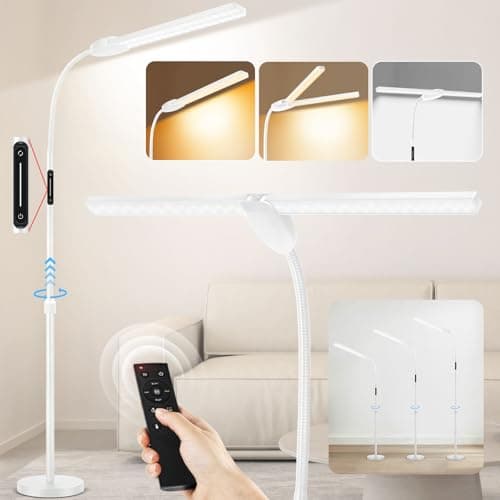 Image of OUTON LED Floor Lamp with Double Head, 18W 1800LM, Super Wide & Bright, Height Adjustable, Remote & Touch Control, Memory Function, Dimmable Standing Lamp for Reading, Working, Sewing, Drawing, White