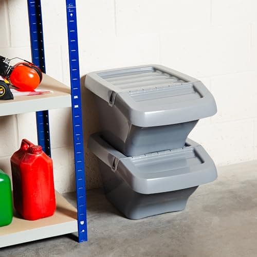 Image of Wham 30L Stackable Recycling Bins Pack of 4 – Hinged Lid Waste Sorting Bins, Space Saving Plastic Recycling Bin for Kitchen, Home, Office & Commercial Use, Grey