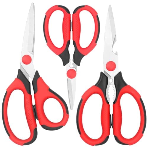 Image of Vutyvve Kitchen Scissors, Sharp Stainless Steel Blades, Soft Grips, Multi-Purpose Heavy Duty Scissors Set, Red/Black, 3 Piece Set