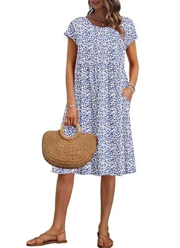 Image of AUSELILY Women's Summer Short Sleeve Knee-Length Dresses Round Neck Loose Dress with Pockets Blue Flower M