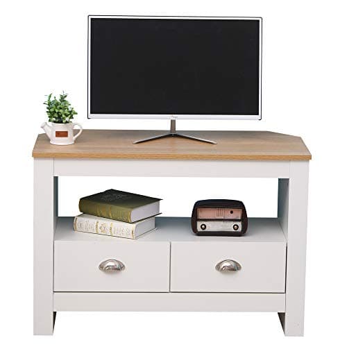 Image of CFDZ CF Furniture Corner 2 Drawers TV Unit with Shelf,TV Cabinet Storage Living Room White,Entertainment Small Sideboard for TV Modern Style- White+Oak,85x39x58cm/33.46x15.35x22.83inch