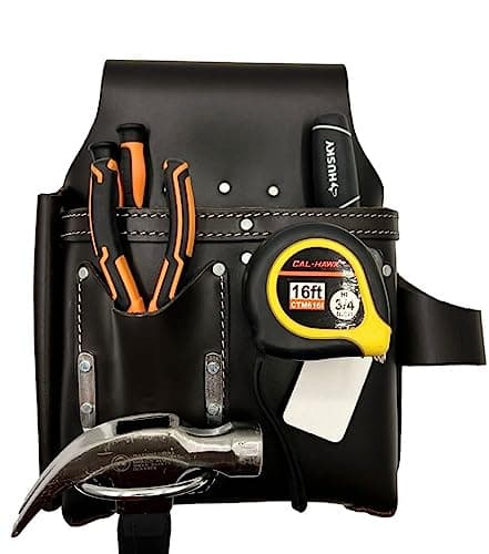 Image of Supreme Leather Drywall 3 Pocket Tool Pouch with Holders for Plier, Hammer & Tape Measure Specially Designed for Carpenters, Electricians and Construction Workers Black Leather