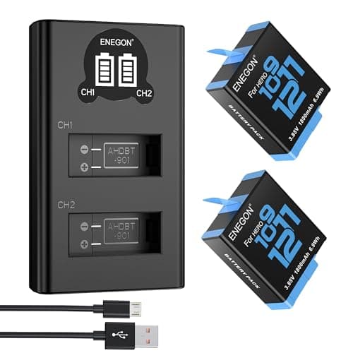 Image of ENEGON Hero 12 11 10 9 Battery 1800mAh 2 Pack Rechargeable Li-Ion Battery and Dual Smart LCD Port Charger for Gopro Hero 12 11 10 9 Black Action Camera Battery Chargers