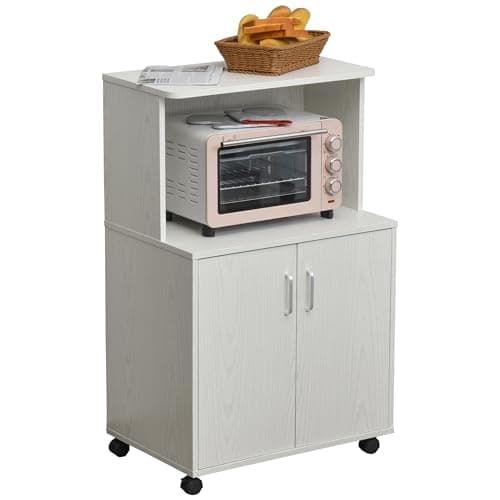 Image of HOMCOM Kitchen Storage Unit, Modern Microwave Stand Trolley Cart, Sideboard with Cabinet, Locking Wheels, Shelf for Living Room, Dining Room, White