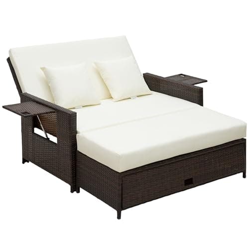 Image of Outsunny Rattan Garden Daybed, Assembled Double Sun Lounger with 5-Level Adjustable Back, Storage Ottoman, Cushions, Pillows and Retractable Trays, Outdoor Loveseat Sofa Bed for Patio, Brown