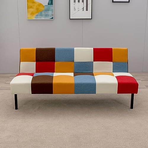 Image of Panana Fabric Sofa Bed 3 Seater Fabric Upholstered Clic Clac Sofabed Couch With Metal Legs (Rainbow Patchwork)