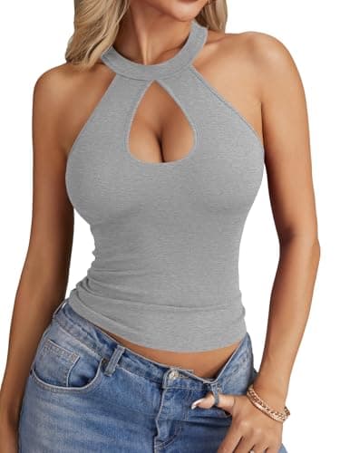 Image of LYANER Women's Ribbed Knit Halter Neck Cut Out Sleeveless Slim Fit Sexy Crop Top Cami, Light Gray, M