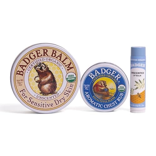 Image of Badger Mini Sleep Balm (21g), Unscented Hands Balm (56g) & Unscented Lip Balm (4.2g) | Natural Sleep Aid | Gentle Hand Moisturiser | Organic Lip Care Stick| Cruelty & Gluten-Free