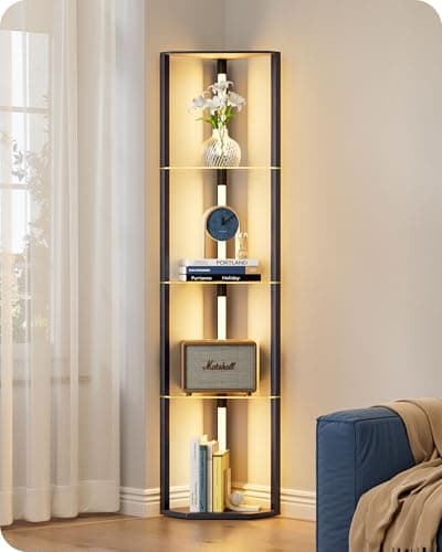 Image of EDISHINE LED Floor Lamps with Glass Shelves, 4 Layers Wood Dimmable Standing Lamp, 360° Rotatable Poles, Corner Floor Lamps for Living Room Bedroom Office, Black