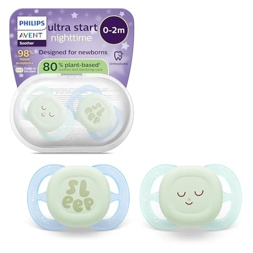 Image of Philips Avent Ultra Start Nighttime Soothers - Orthodontic Design, for Newborns, Glow in The Dark, Soft Silicone Symmetrical Teat, BPA-Free, with Sterilizing Case, 2 Pack, SCF075/18