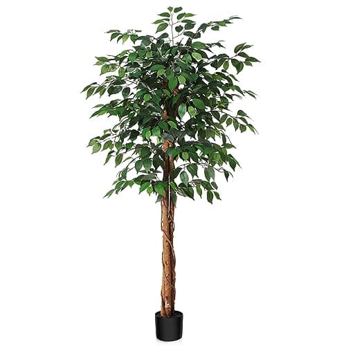 Image of SOGUYI 150cm Artificial Ficus Tree with Natural Wood Trunk, Silk Fake Ficus Tree in Plastic Nursery Pot, Faux Plant for Office Home, Indoor Outdoor Decor, 1 Pack