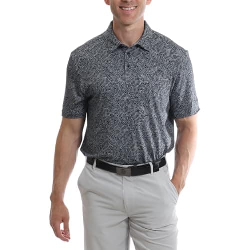 Image of Under Par Men's Golf Polo Breathable Moisture Wicking Quick Dry Stretch Short Sleeve All Over Fern Print Golf Polo Shirt, 2386 - Grey, L