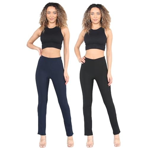 Image of Pack of 2 Ladies Bootleg Trousers Women Boot Cut High Rise Stretch Soft Finely Ribbed Pull On Nurse Carer Work Bottoms Elasticated Waist Boot Leg Pants Plus Big Size(1xBlack 1xNavy, 22/27)