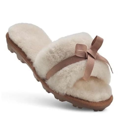 Image of Jacobs & Dalton Women's Sheepskin Slider Slippers with Bow (UK 7, UK Footwear Size System, Adult, Women, Numeric, Medium, 7)