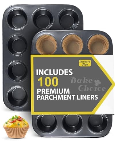 Image of Bake Choice 2 Pack Muffin Trays 12 Cup,Includes 100 Cupcake Liners,Muffin Tin Non Stick,Baking Pans Set,Carbon Steel,Cupcake Tray 5 cm