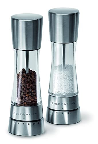 Image of Cole & Mason Derwent Salt and Pepper Mills, Adjustable Grind Settings, Gourmet Precision+, Stainless Steel/Acrylic, 190 mm, Gift Set, Includes 2 x Salt and Pepper Grinders