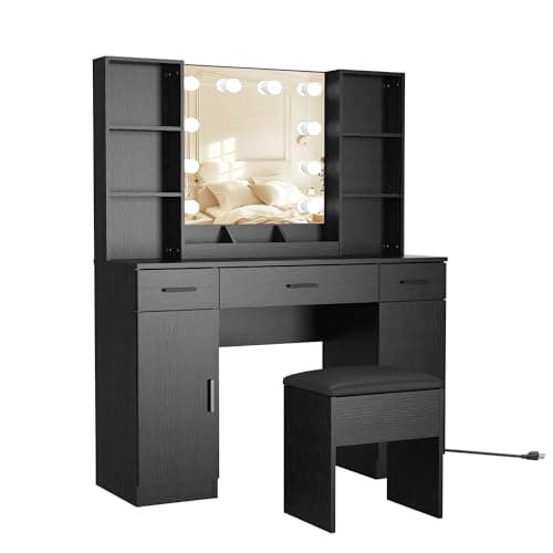 Image of Panana Large Dressing Table & Stool Set, Modern Makeup Vanity Desk with 3-Color LED Lights Mirror Makeup Table with 3 Big Drawers, 2 Cabinet, 6 Shelves, Power Outlet (Black)