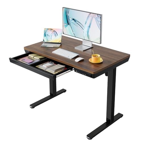 Image of HUANUO ONE PIECE Electric Standing Desk, Height Adjustable Desk with Drawer, 100 x 60cm, Sit Stand Desk with USB Charging Ports & 3 Memory Height Settings, Home Office