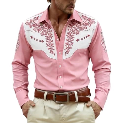 Image of Generisch Printed Long Sleeve Festival Western Adventure Casual Cowboy Shirt Button Down Casual Shirt, pink, XL