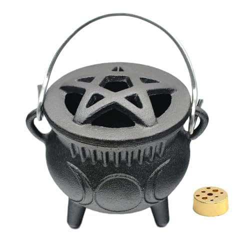 Image of Cast Iron Cauldron with Lid & Handle, Small Triple Moon Cast Iron Cauldron Pot, Incense Burner Witchcraft Ideal for Cooking, Smudging, Ritual Purpose, Sage, Halloween Decoration