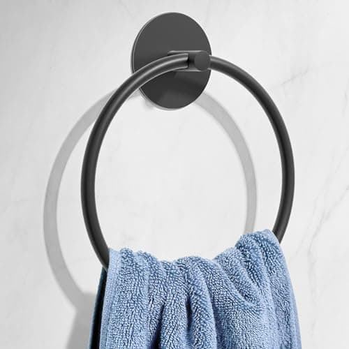 Image of Matte Black Bathroom Towel Ring - SUS304 Stainless Steel Bathroom Towel Rack, Susswiff Adhesive Wall Mounted Hand Towels Holder, Towel Hanger for Bathroom Organizer, Kitchen Storage